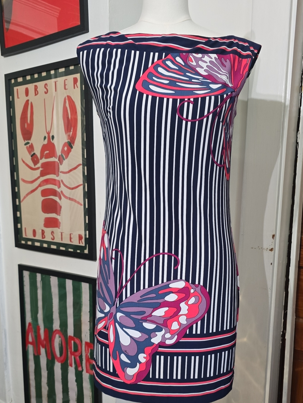 Trina Turk Navy Striped Shift Dress with Pink & Purple Butterfly Print